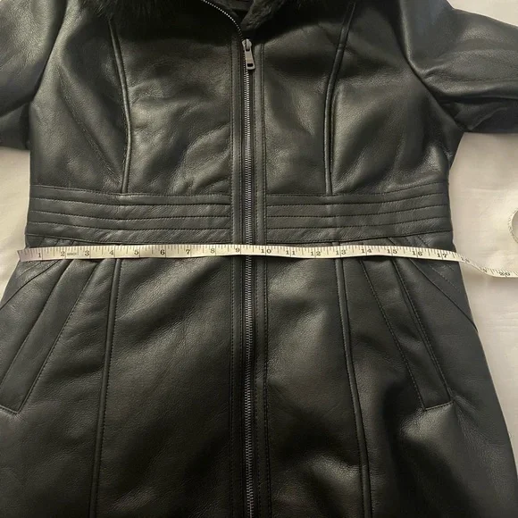 Black PU leather long jacket with sherpa lining removable faux fur on hoodie - Picture 11 of 14